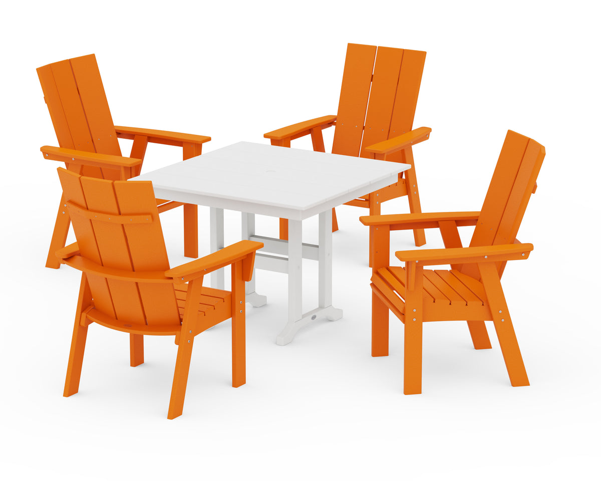 POLYWOOD Modern Curveback Adirondack 5-Piece Farmhouse Dining Set in Tangerine / White
