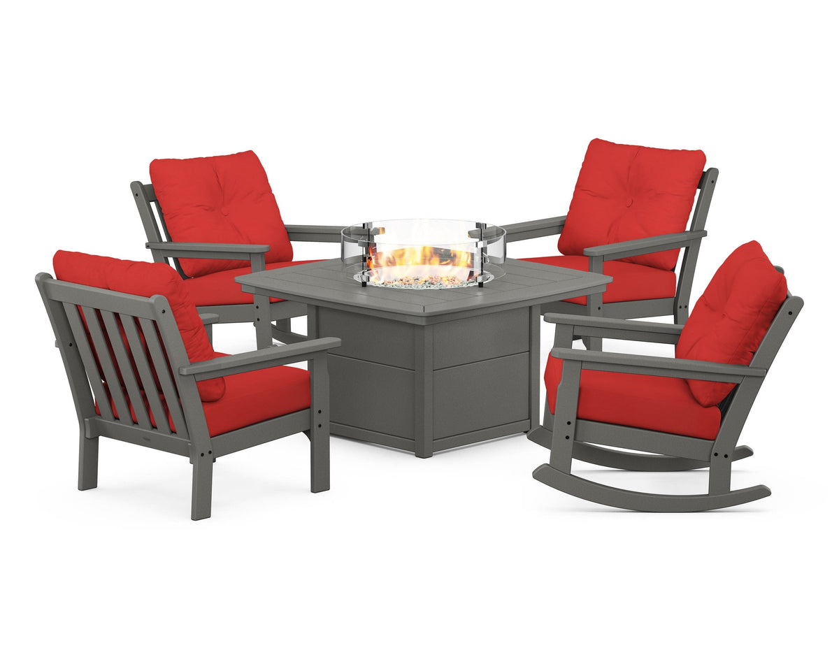 POLYWOOD Vineyard 5-Piece Deep Seating Rocking Chair Conversation Set with Fire Pit Table in Slate Grey / Crimson Linen