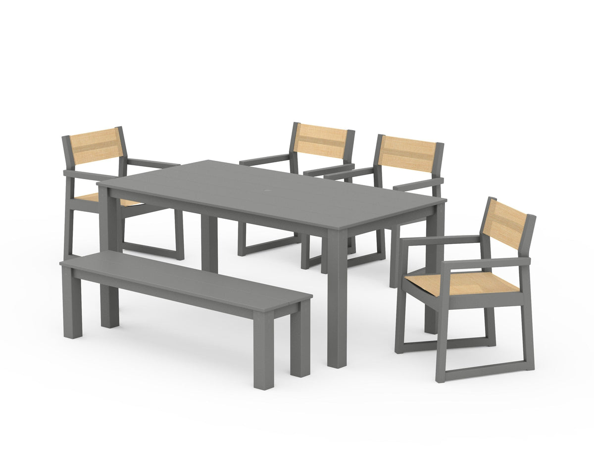 POLYWOOD EDGE Sling Arm Chair 6-Piece Parsons Dining Set with Bench in Slate Grey / Dupioni Apricot