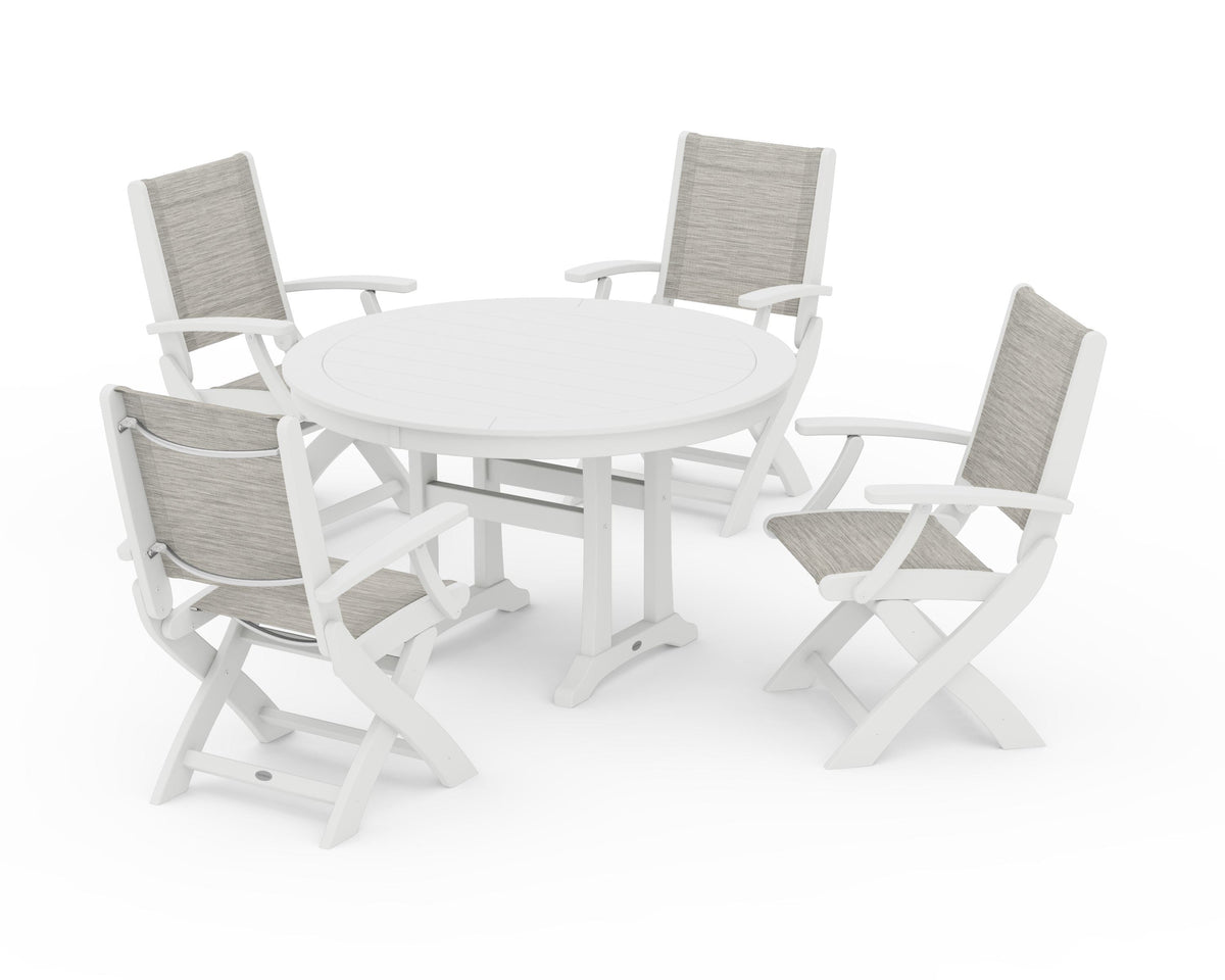 POLYWOOD Coastal Folding Chair 5-Piece Round Dining Set with Trestle Legs in White / Birch