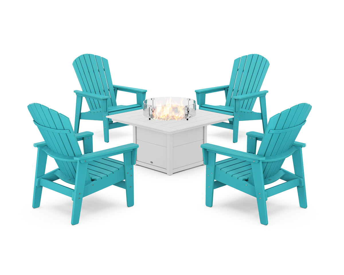 POLYWOOD 5-Piece Nautical Grand Upright Adirondack Conversation Set with Fire Pit Table in Aruba / White