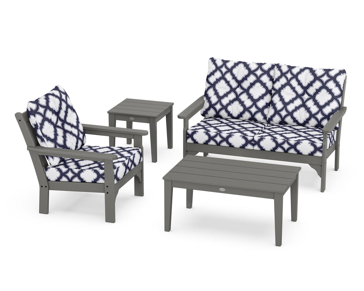 POLYWOOD Vineyard 4-Piece Deep Seating Set with 36" Coffee Table in Slate Grey / Trellis Navy