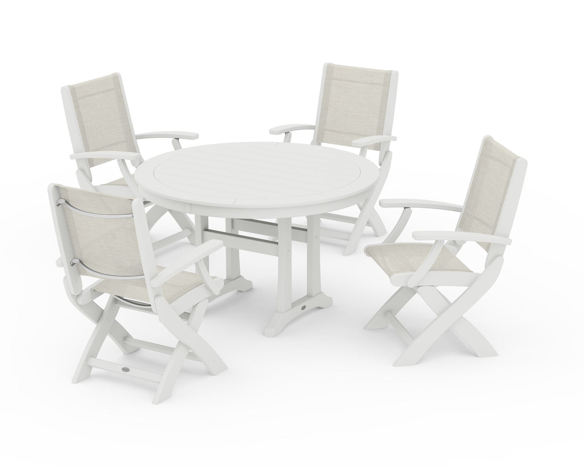 POLYWOOD Coastal Folding Chair 5-Piece Round Dining Set with Trestle Legs in Vintage White / Parchment