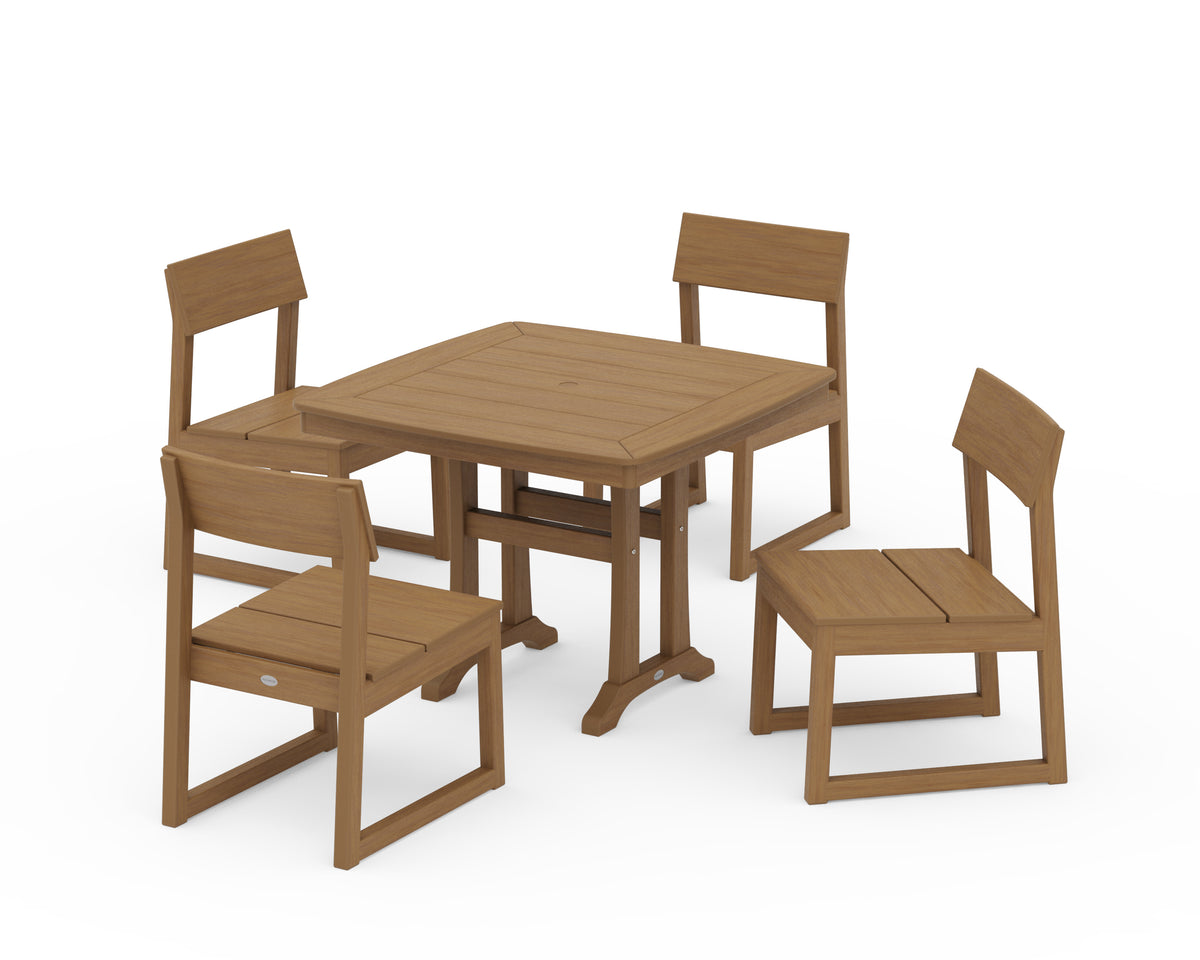 POLYWOOD EDGE Side Chair 5-Piece Dining Set with Trestle Legs (Nautical Trestle 37" Table) in Natural
