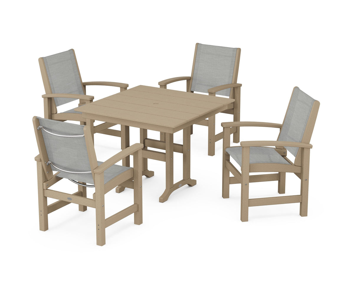 POLYWOOD Coastal 5-Piece Farmhouse Dining Set with Farmhouse 37" Dining Table in Vintage Sahara / Metallic
