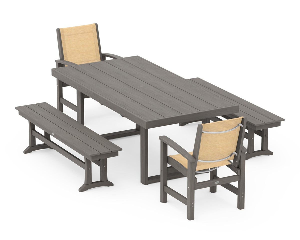 POLYWOOD Coastal 5-Piece Dining Set with Trestle Legs with EDGE 40" x 78" Dining Table in Driftwood / Dupioni Apricot