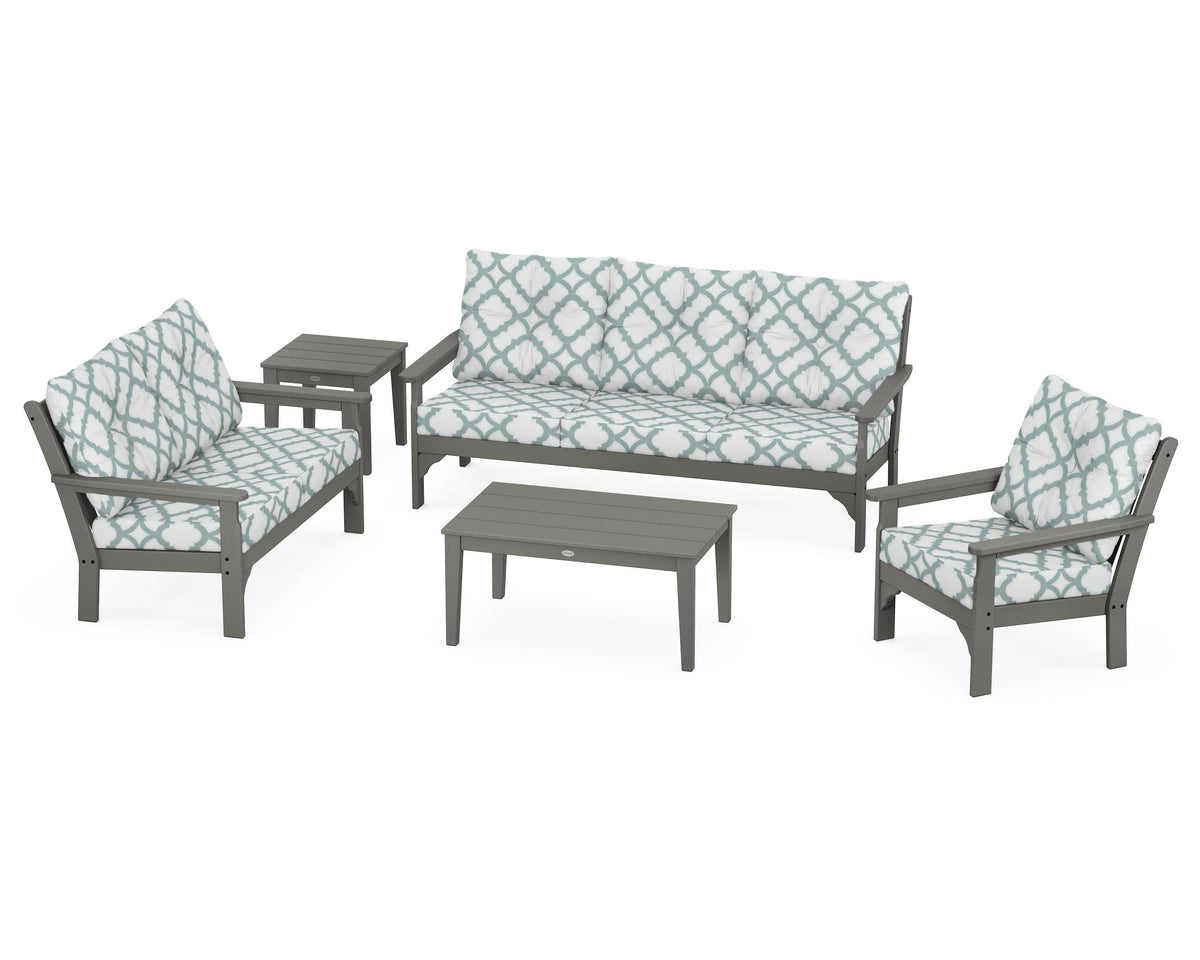 POLYWOOD Vineyard 5-Piece Deep Seating Set with Sofa in Slate Grey / Trellis Glacier Spa