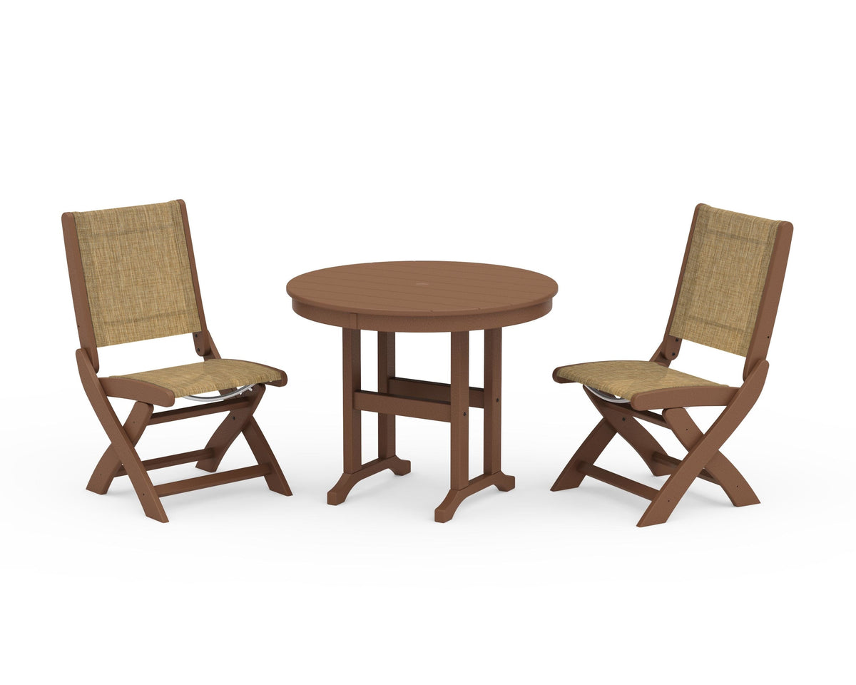 POLYWOOD Coastal Folding Side Chair 3-Piece Round Dining Set in Teak / Burlap