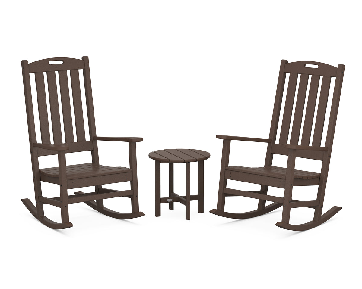 POLYWOOD Nautical 3-Piece Porch Rocking Chair Set with Round 18" Side Table in Mahogany