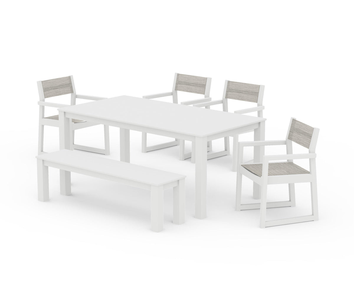 POLYWOOD EDGE Sling Arm Chair 6-Piece Parsons Dining Set with Bench in White / Birch