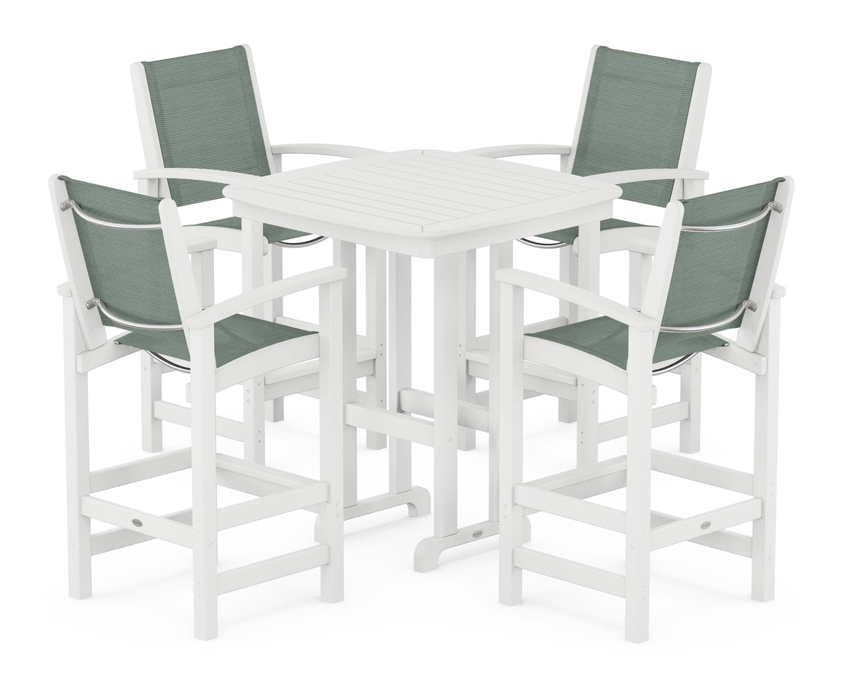 POLYWOOD Coastal 5-Piece Bar Set in White / Dupioni Sea Mist