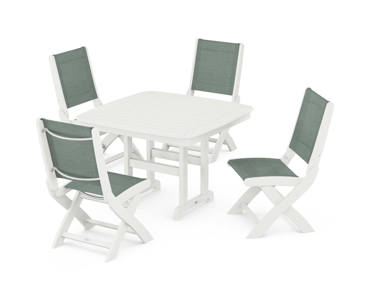 POLYWOOD Coastal Folding Side Chair 5-Piece Dining Set with Nautical 44" Dining Table in Vintage White / Dupioni Sea Mist