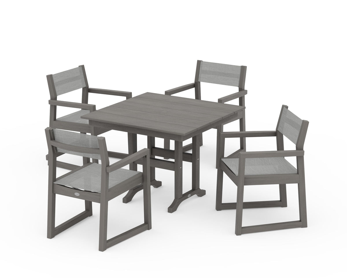 POLYWOOD EDGE Sling Arm Chair 5-Piece Farmhouse Dining Set in Driftwood / Metallic