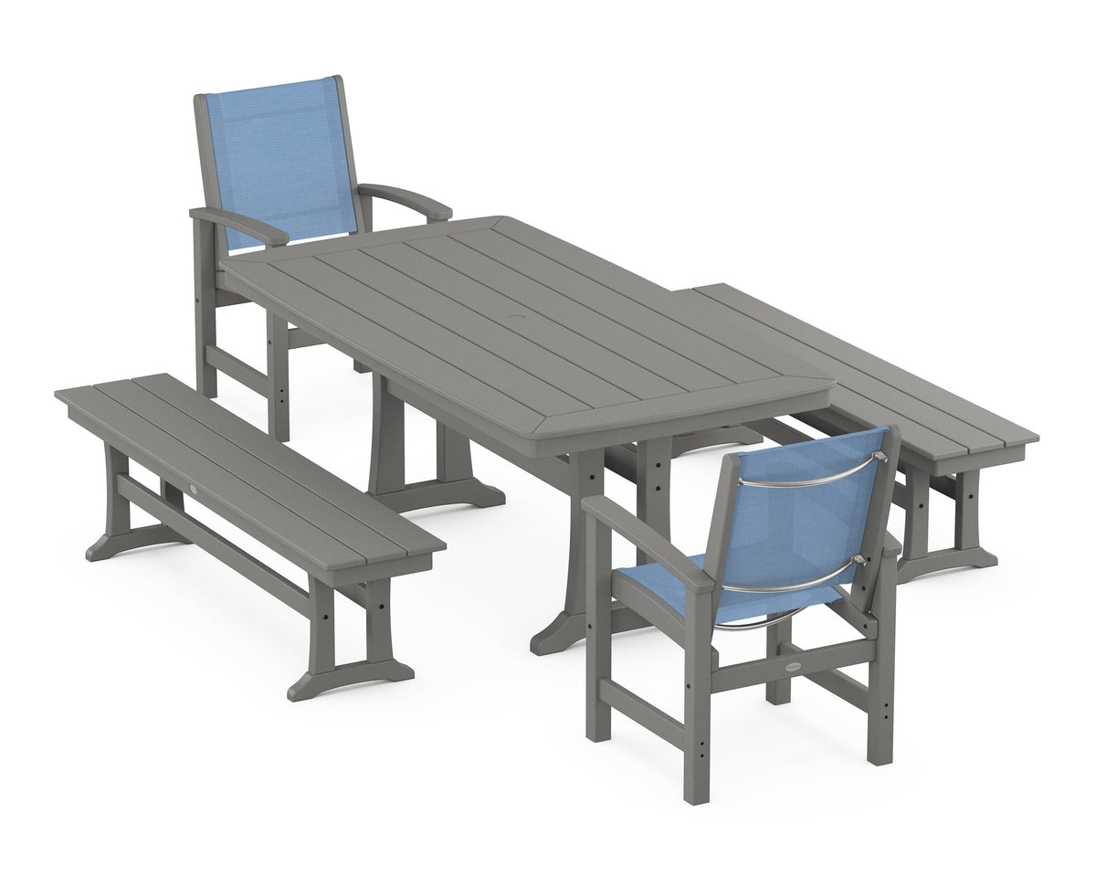 POLYWOOD Coastal 5-Piece Dining Set with Trestle Legs and Benches in Slate Grey / Poolside