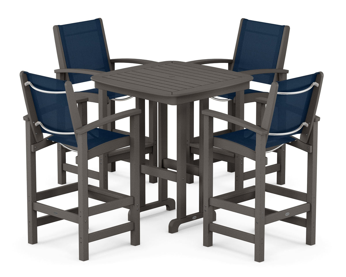 POLYWOOD Coastal 5-Piece Bar Set in Vintage Coffee / Navy Blue