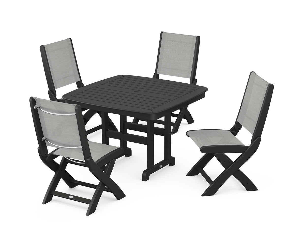 POLYWOOD Coastal Folding Side Chair 5-Piece Dining Set with Nautical 44" Dining Table in Black / Metallic