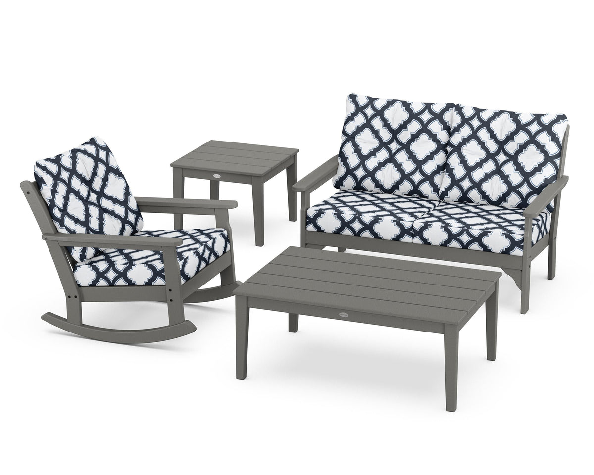POLYWOOD Vineyard 4-Piece Deep Seating Rocker Set in Slate Grey / Trellis Marine Indigo