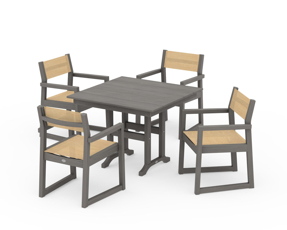 POLYWOOD EDGE Sling Arm Chair 5-Piece Farmhouse Dining Set in Driftwood / Dupioni Apricot