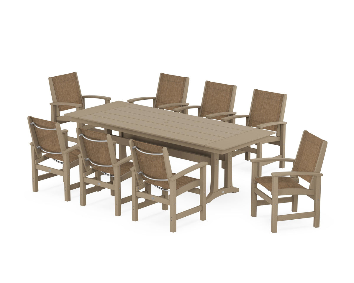 POLYWOOD Coastal 9-Piece Farmhouse Dining Set with Trestle Legs in Vintage Sahara / Burlap