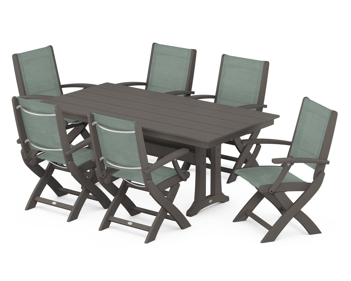 POLYWOOD Coastal Folding Arm Chair 7-Piece Farmhouse Dining Set with Trestle Legs in Vintage Coffee / Dupioni Sea Mist