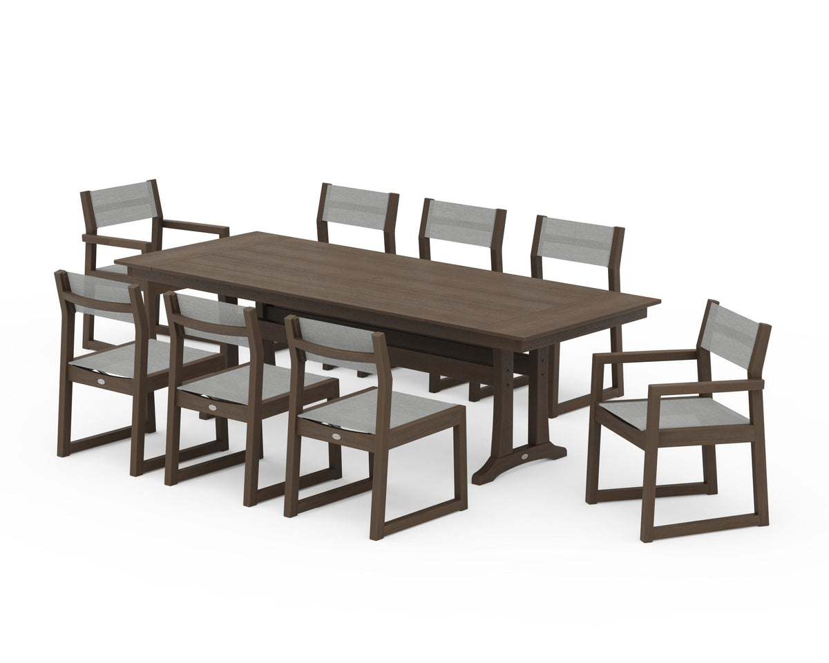 POLYWOOD EDGE Sling 9-Piece Farmhouse Trestle Dining Set in Kona / Metallic