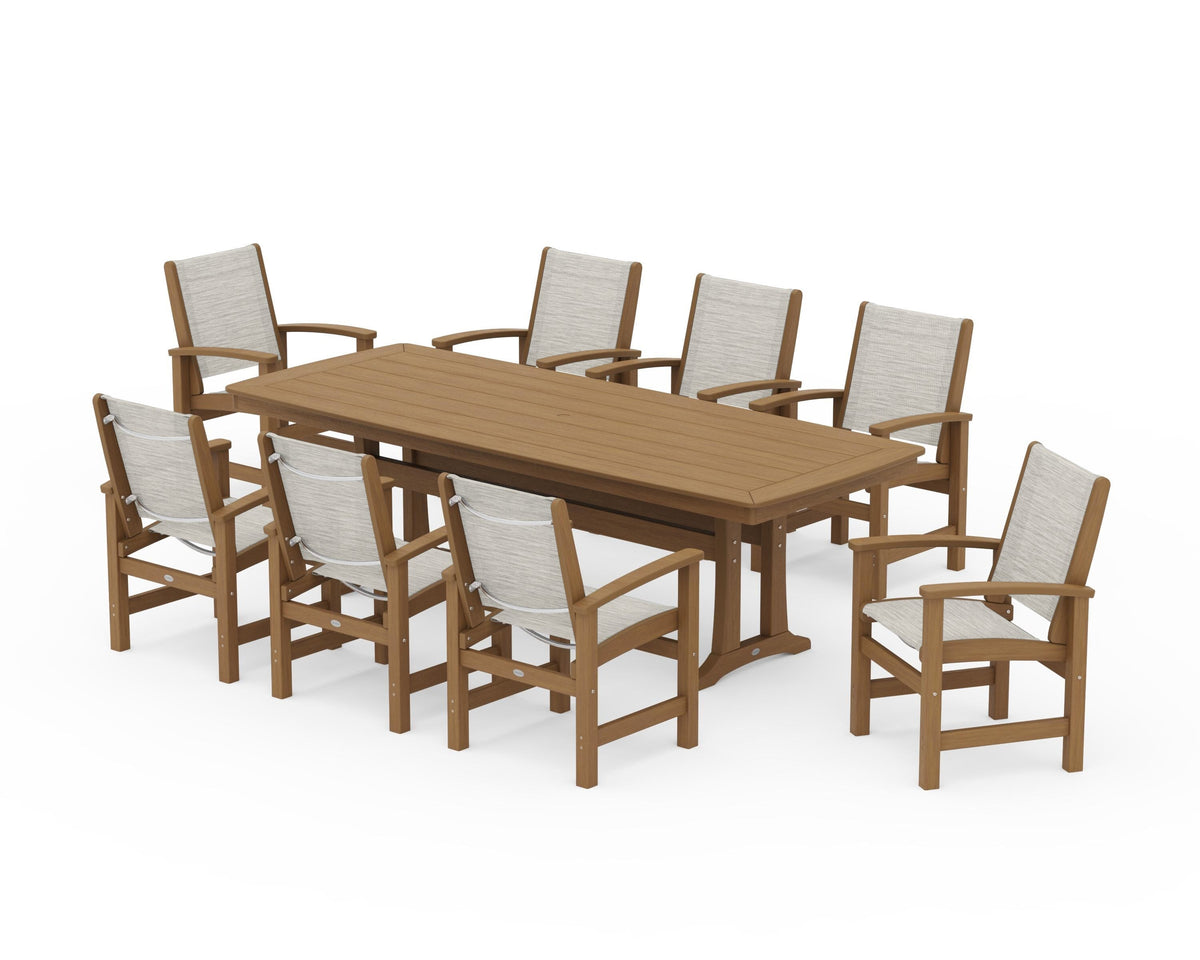 POLYWOOD Coastal 9-Piece Dining Set with Trestle Legs in Natural / Birch