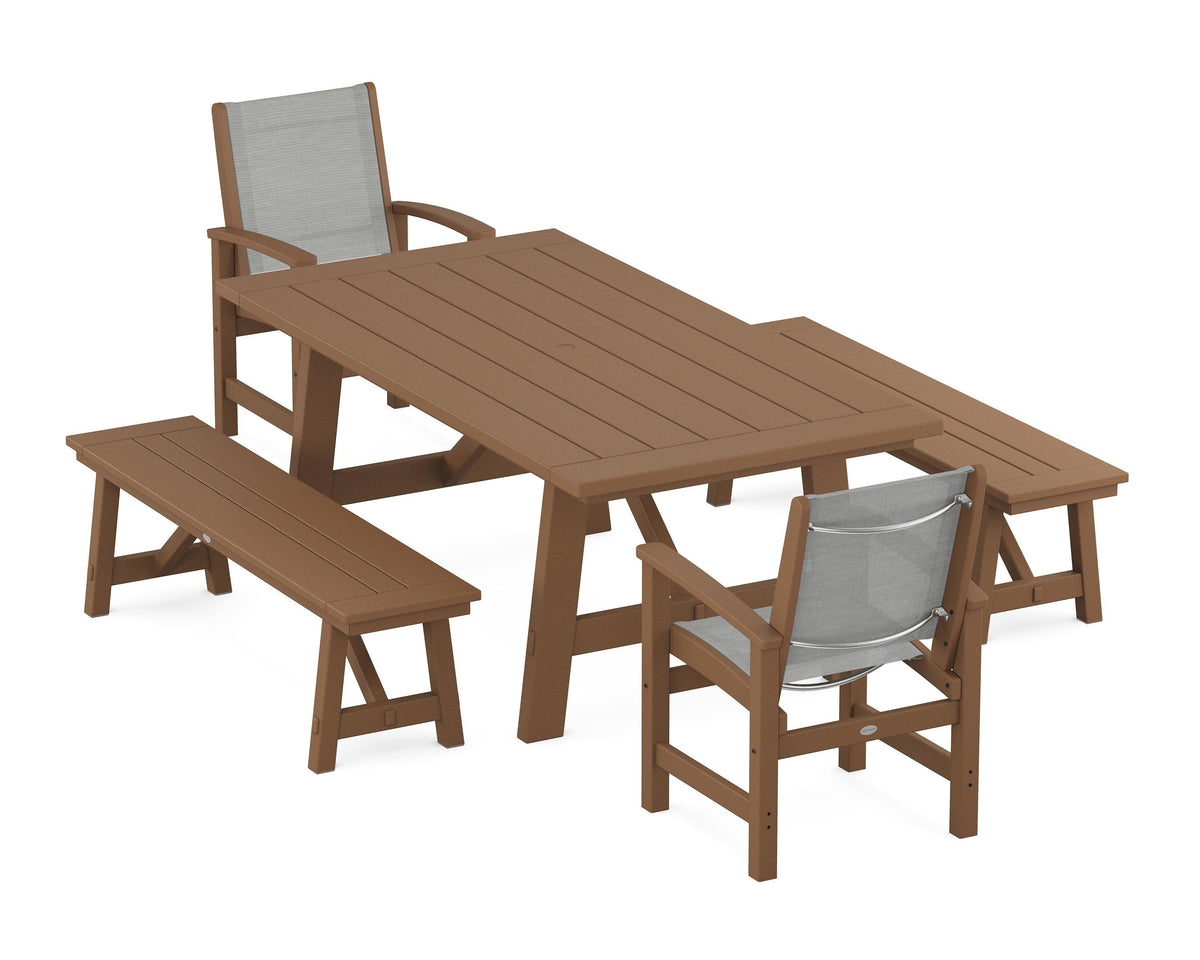 POLYWOOD Coastal 5-Piece Rustic Farmhouse Dining Set With Benches in Teak / Metallic