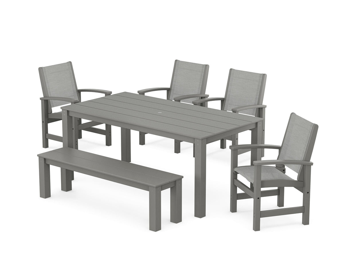 POLYWOOD Coastal 6-Piece Parsons Dining Set with Bench in Slate Grey / Metallic