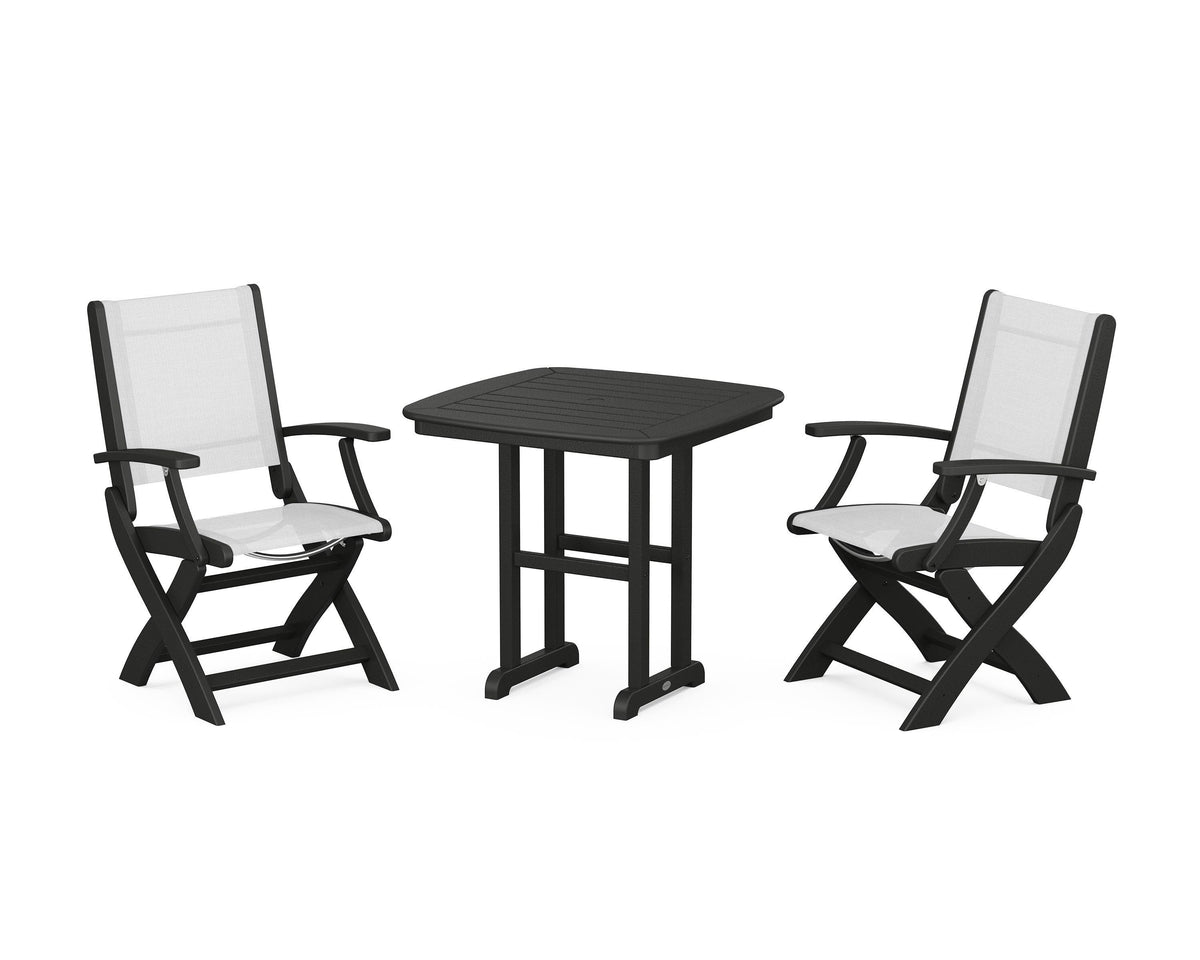 POLYWOOD Coastal Folding Chair 3-Piece Dining Set in Black / White