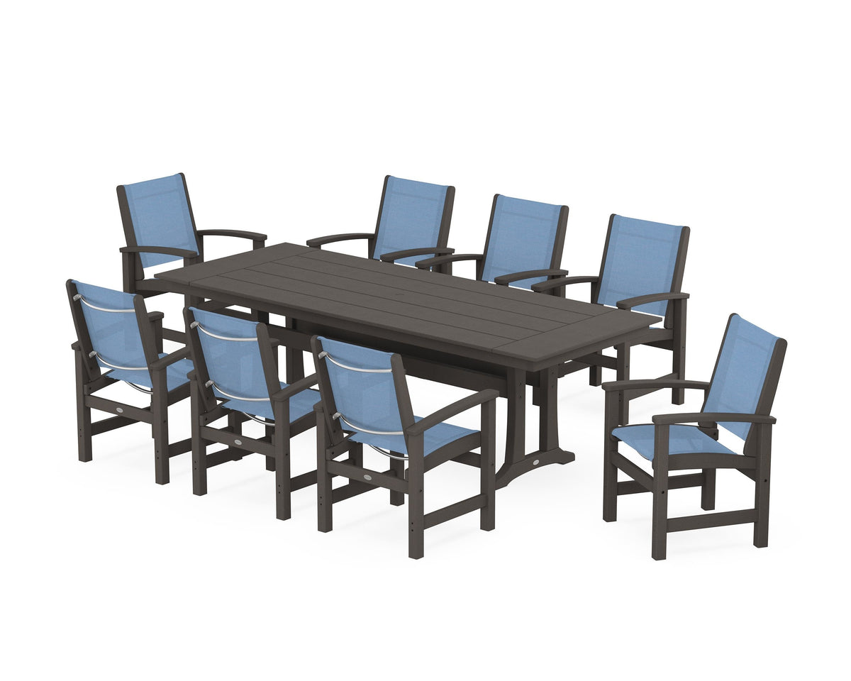 POLYWOOD Coastal 9-Piece Farmhouse Dining Set with Trestle Legs in Vintage Coffee / Poolside