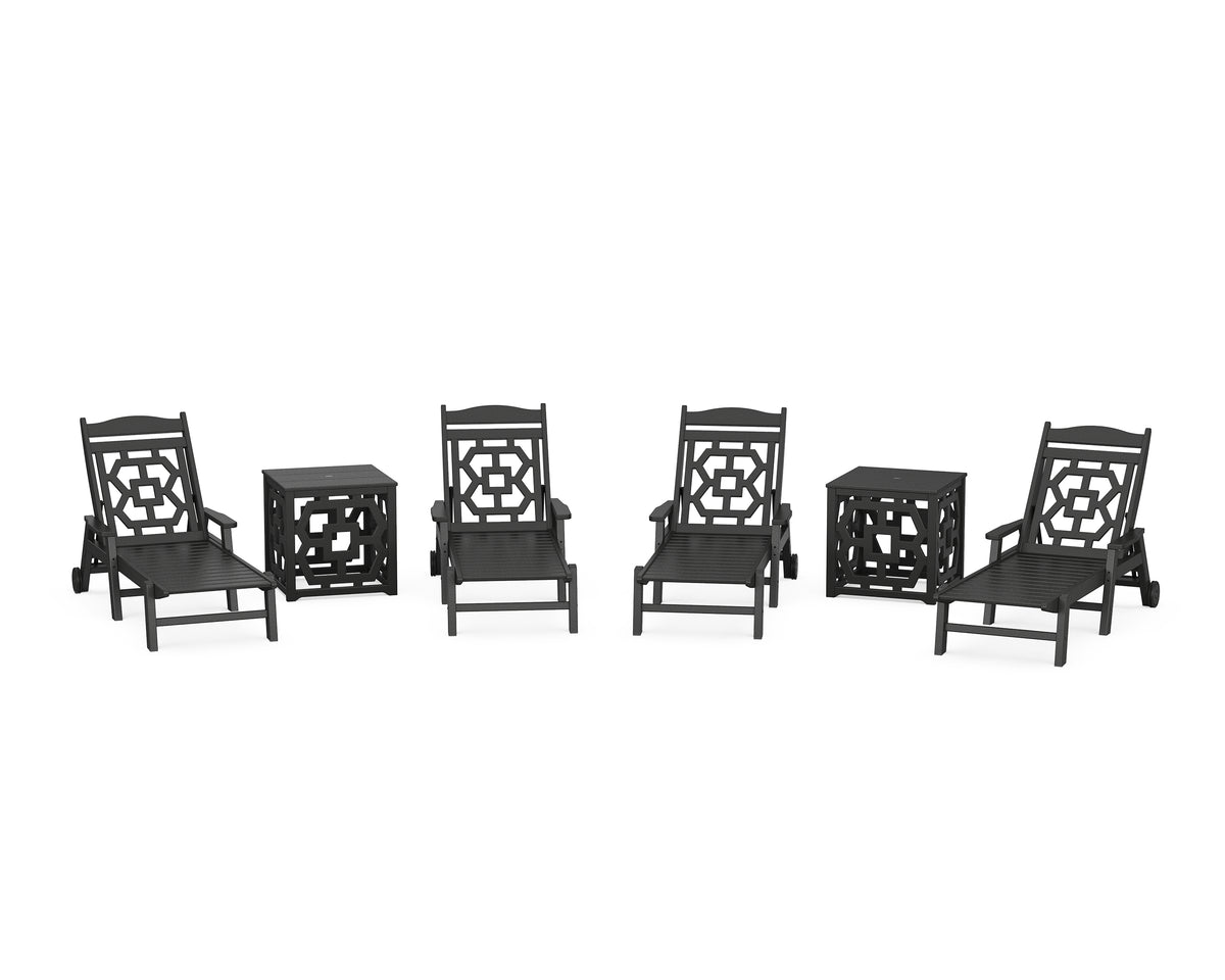 POLYWOOD Chinoiserie 6-Piece Chaise Set with Umbrella Stand Accent Table in Black