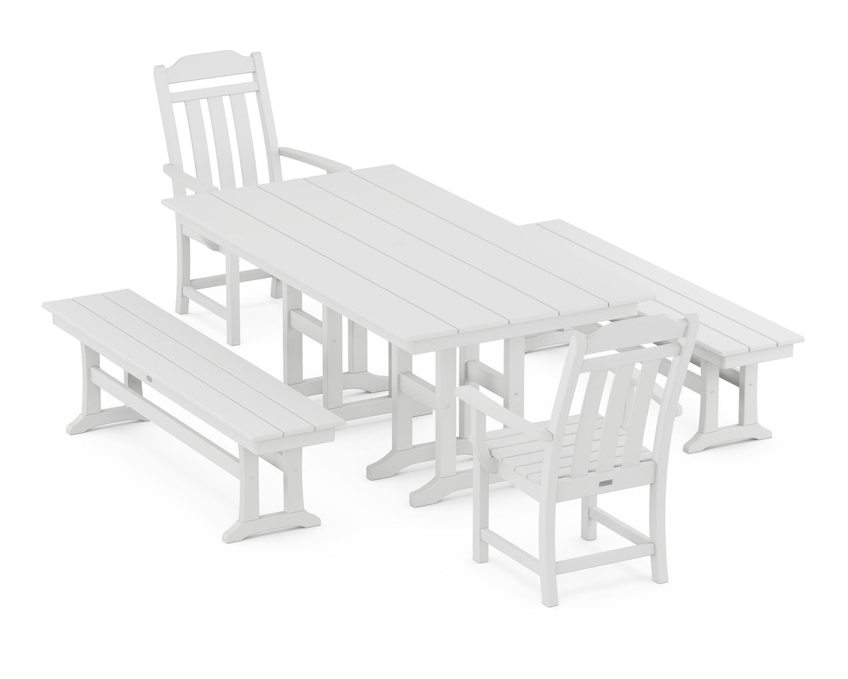 POLYWOOD Cottage 5-Piece Farmhouse Dining Set with Benches in White