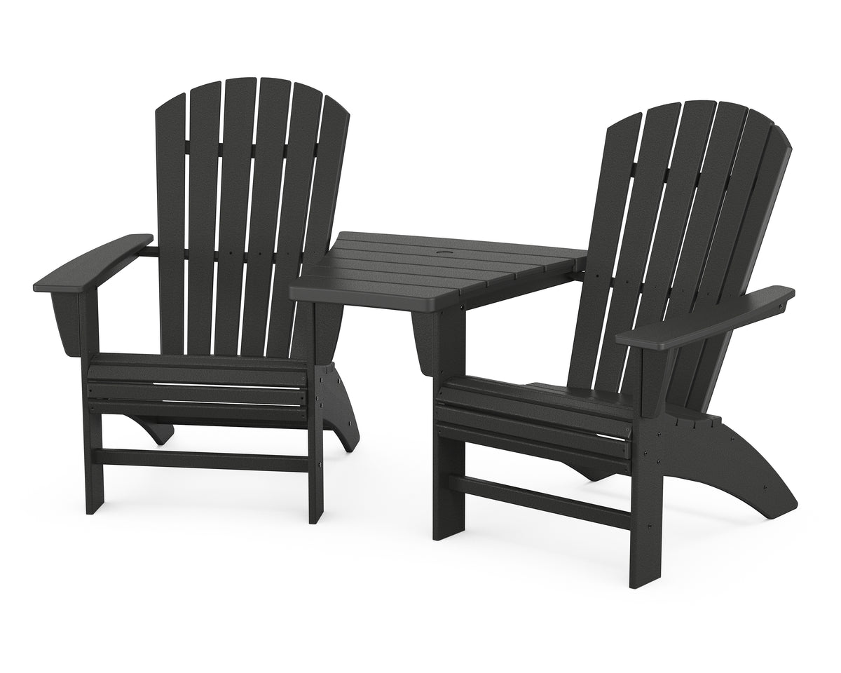 POLYWOOD Nautical 3-Piece Curveback Adirondack Set With Angled Connecting Table in Black