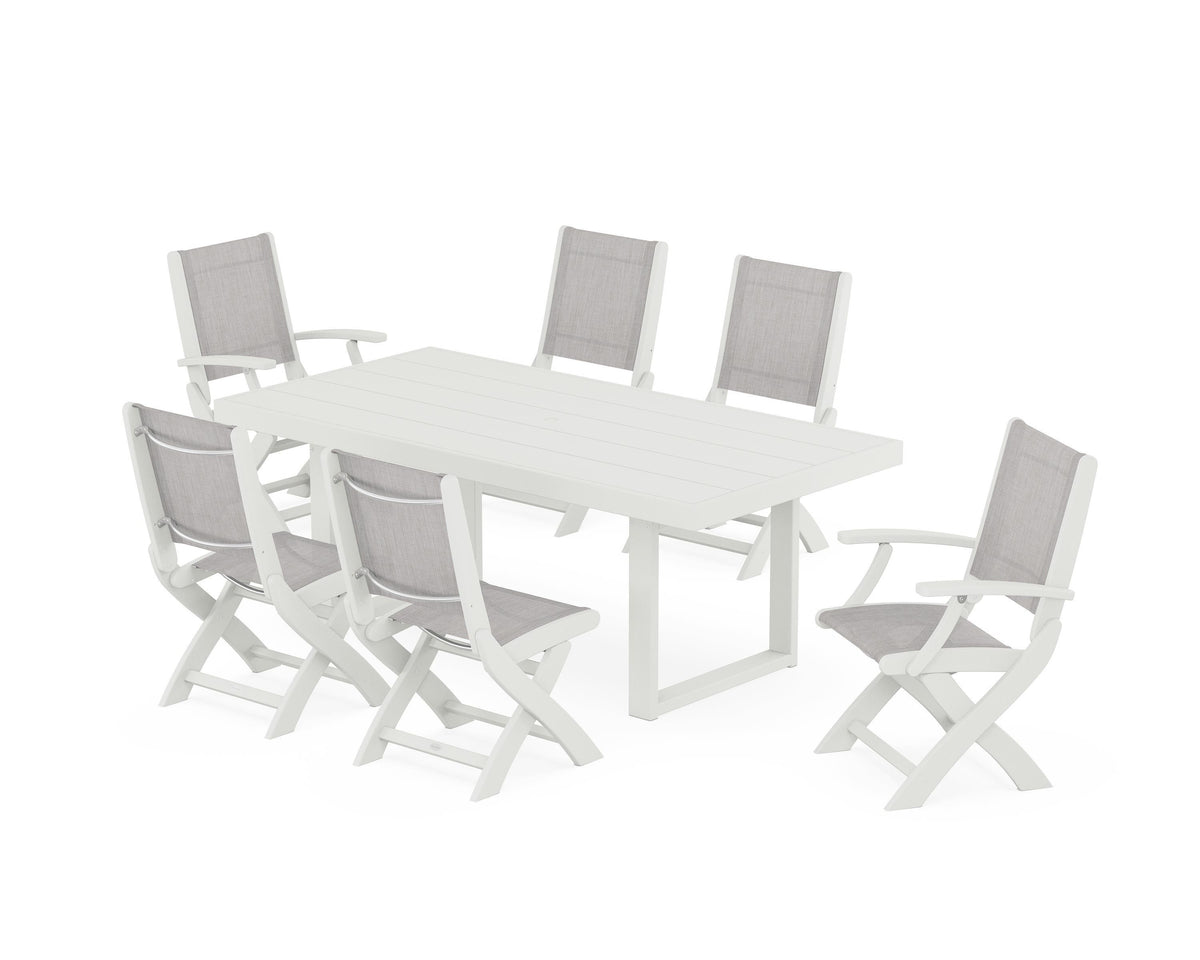 POLYWOOD Coastal Folding Chair 7-Piece Dining Set with Trestle Legs with EDGE 40" x 78" Dining Table in Vintage White / Parchment