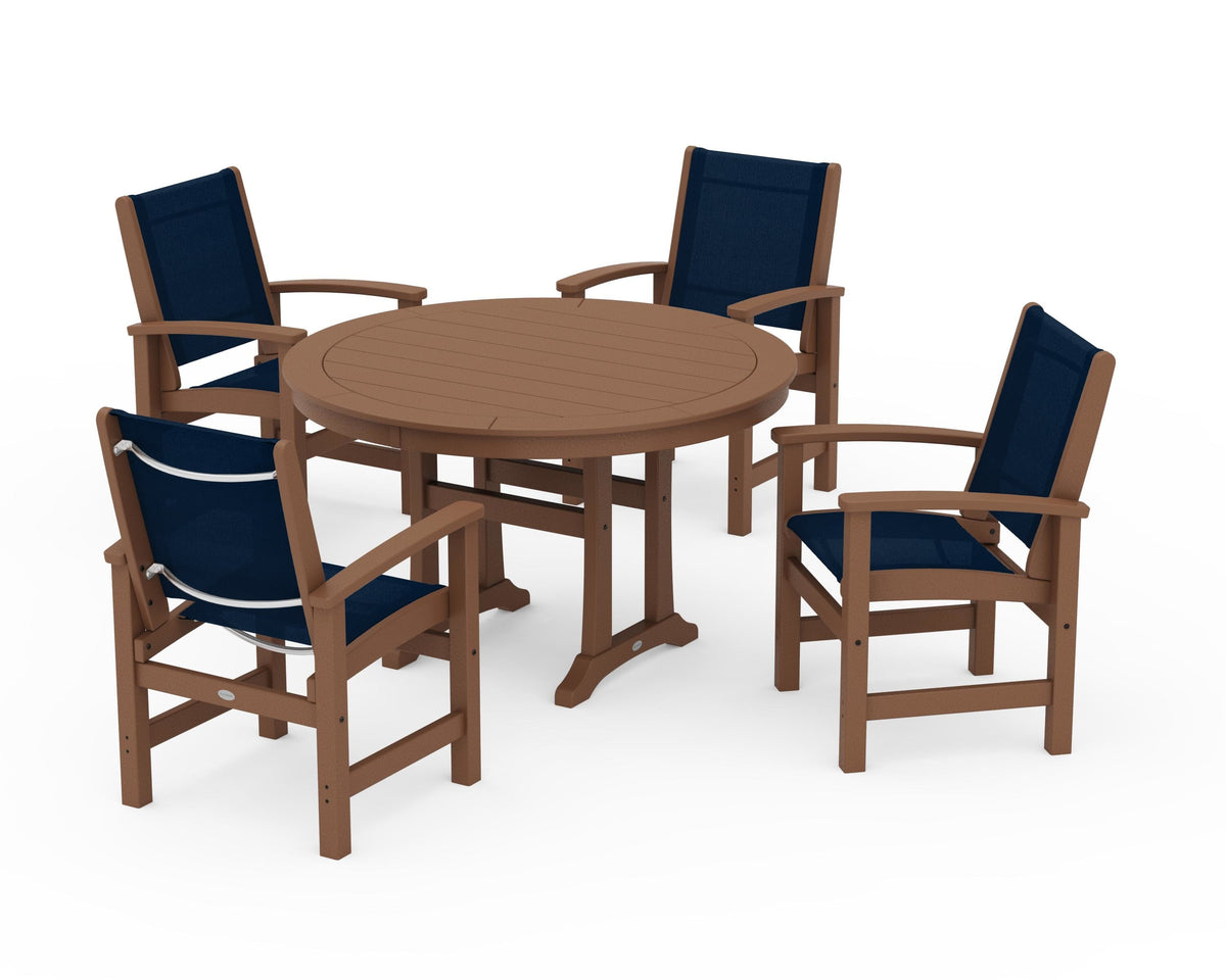 POLYWOOD Coastal 5-Piece Round Dining Set with Trestle Legs in Teak / Navy Blue