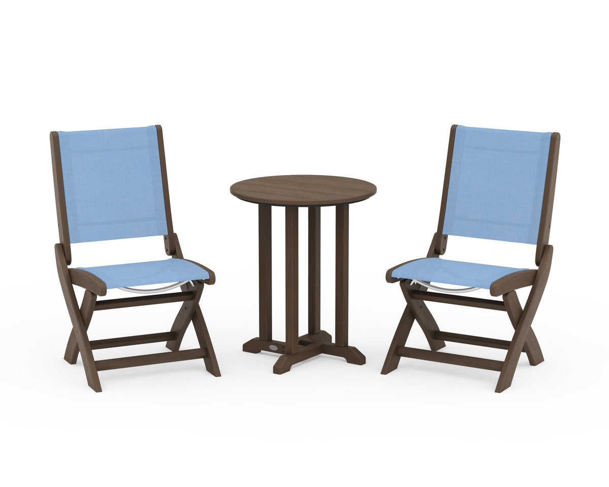 POLYWOOD Coastal Folding Side Chair 3-Piece Round Bistro Dining Set in Kona / Poolside