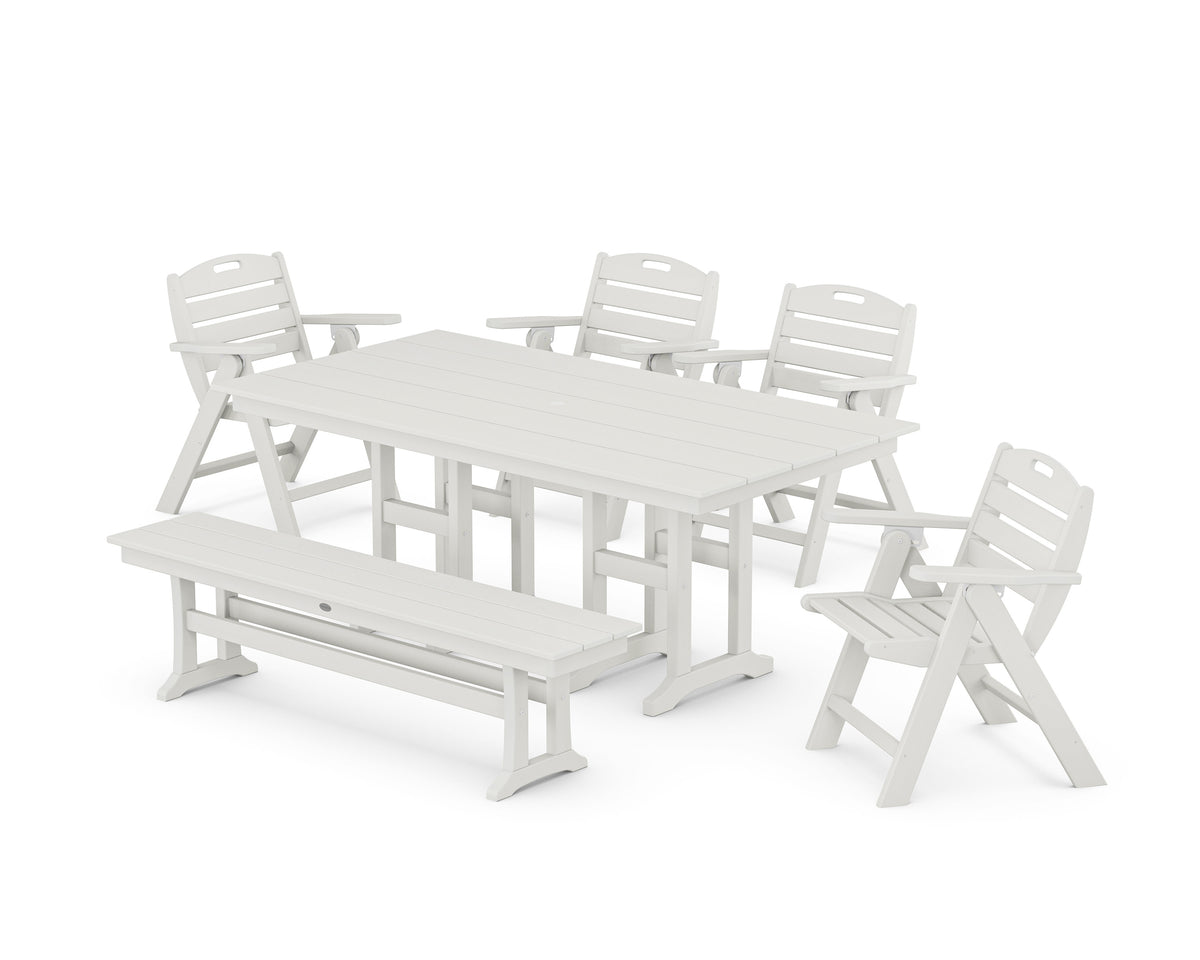POLYWOOD Nautical Lowback 6-Piece Farmhouse Dining Set with Bench in Vintage White