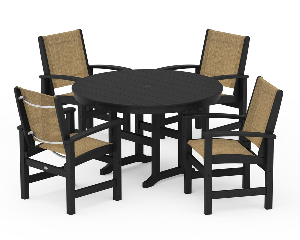 POLYWOOD Coastal 5-Piece Round Farmhouse Dining Set in Black / Burlap
