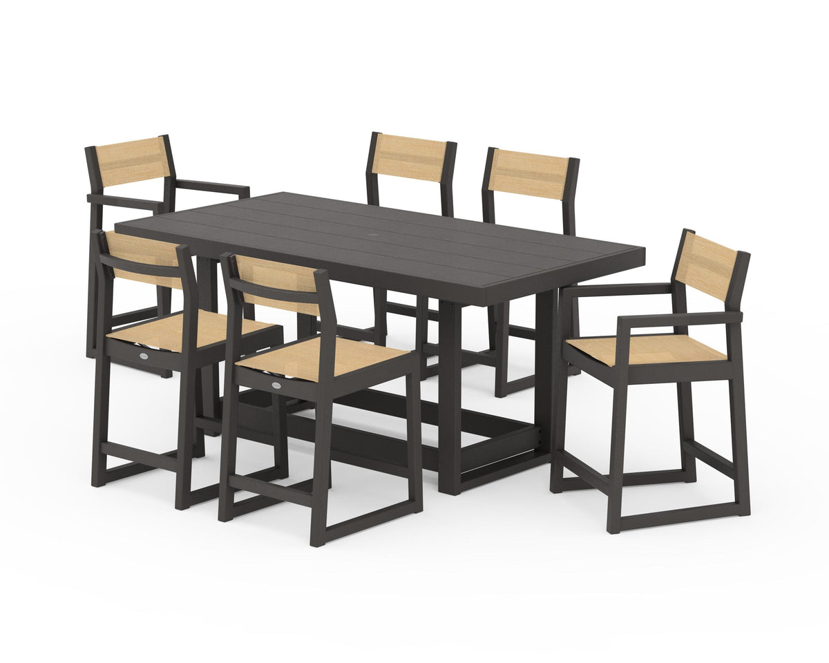 POLYWOOD EDGE Sling 7-Piece Counter Table Set in Vintage Coffee / Dupioni Apricot