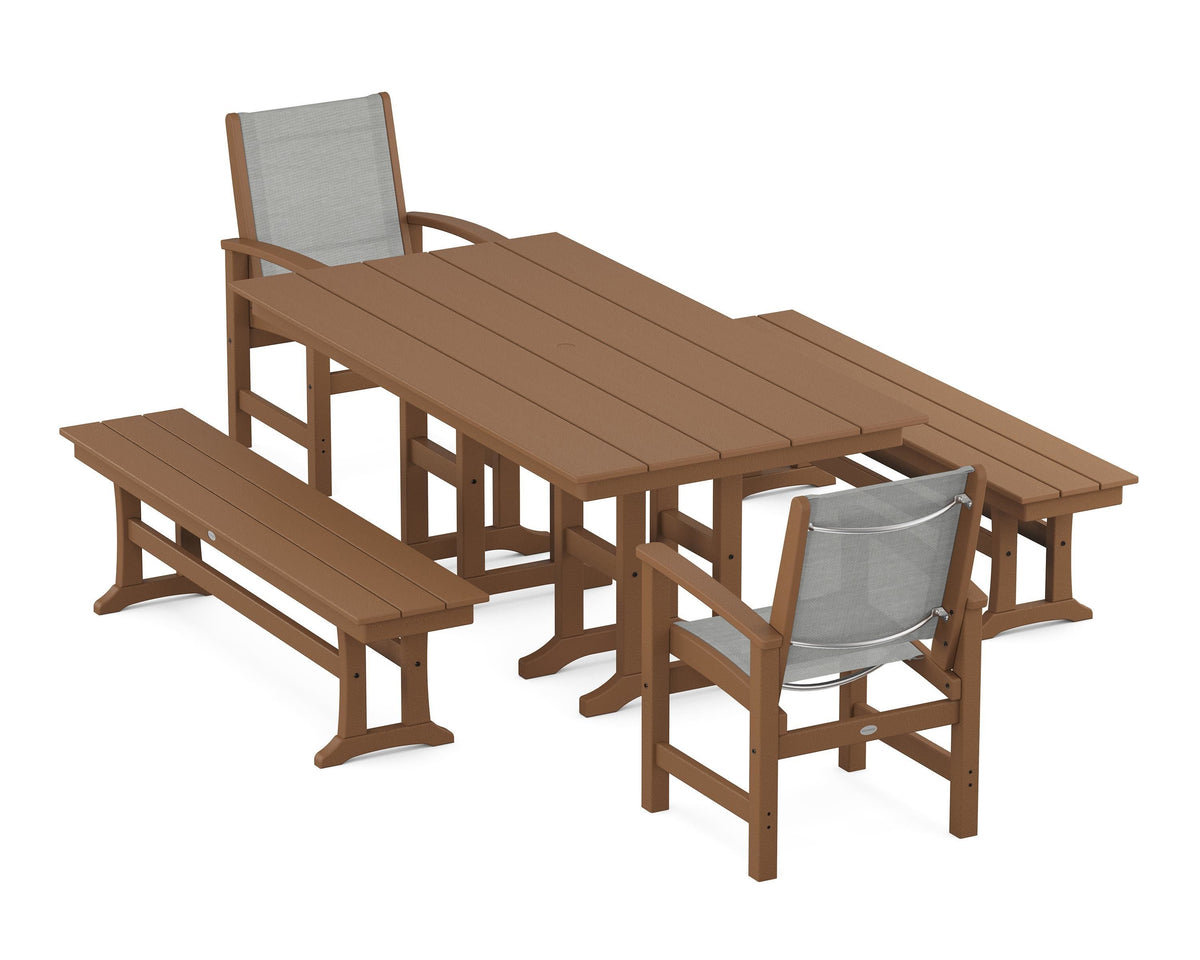 POLYWOOD Coastal 5-Piece Farmhouse Dining Set with Farmhouse 37" x 72" Dining Table in Teak / Metallic
