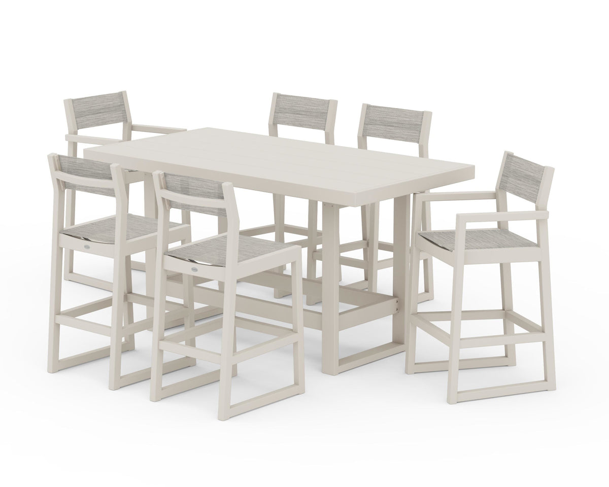 POLYWOOD EDGE Sling 7-Piece Bar Table Set in Sand / Birch