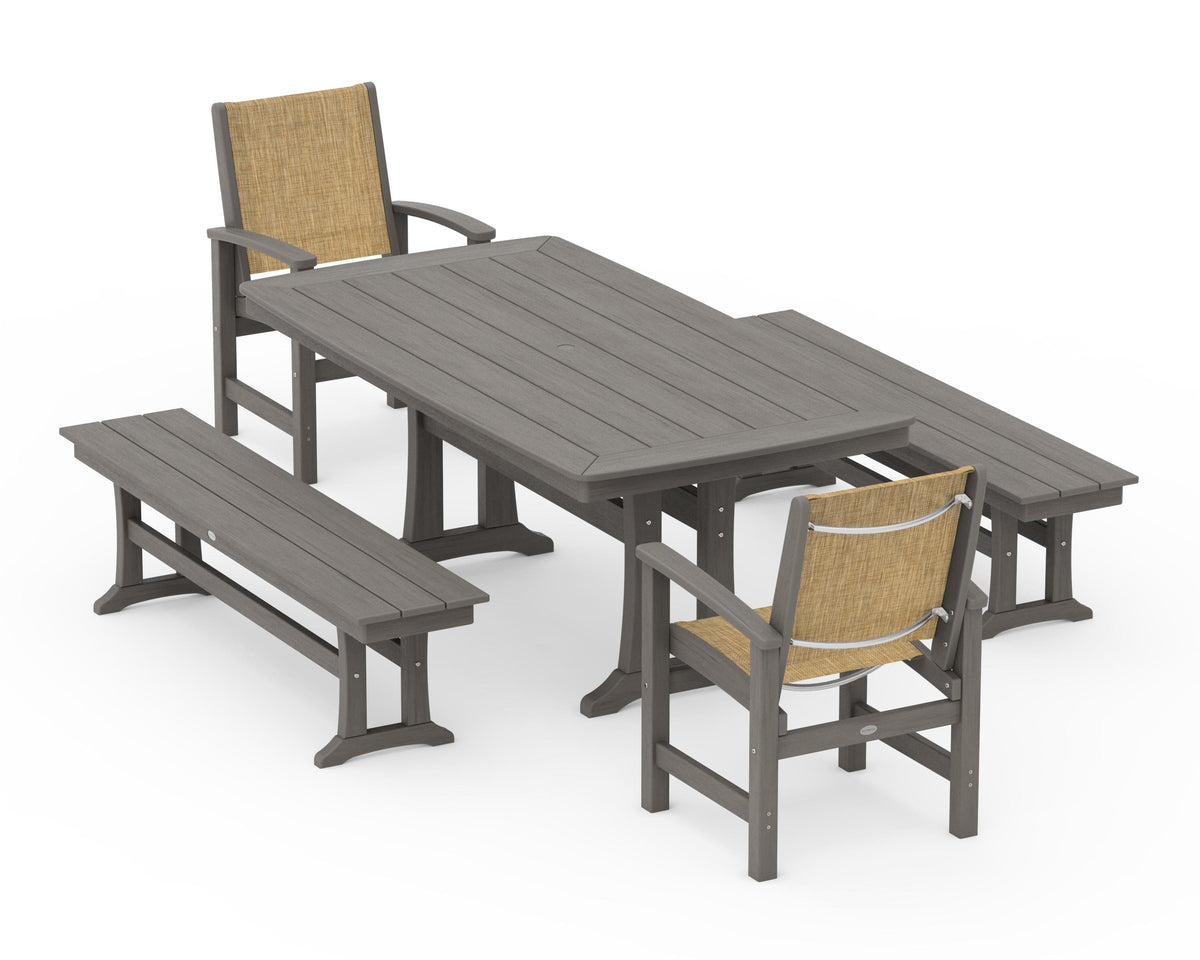 POLYWOOD Coastal 5-Piece Dining Set with Trestle Legs and Benches in Driftwood / Burlap