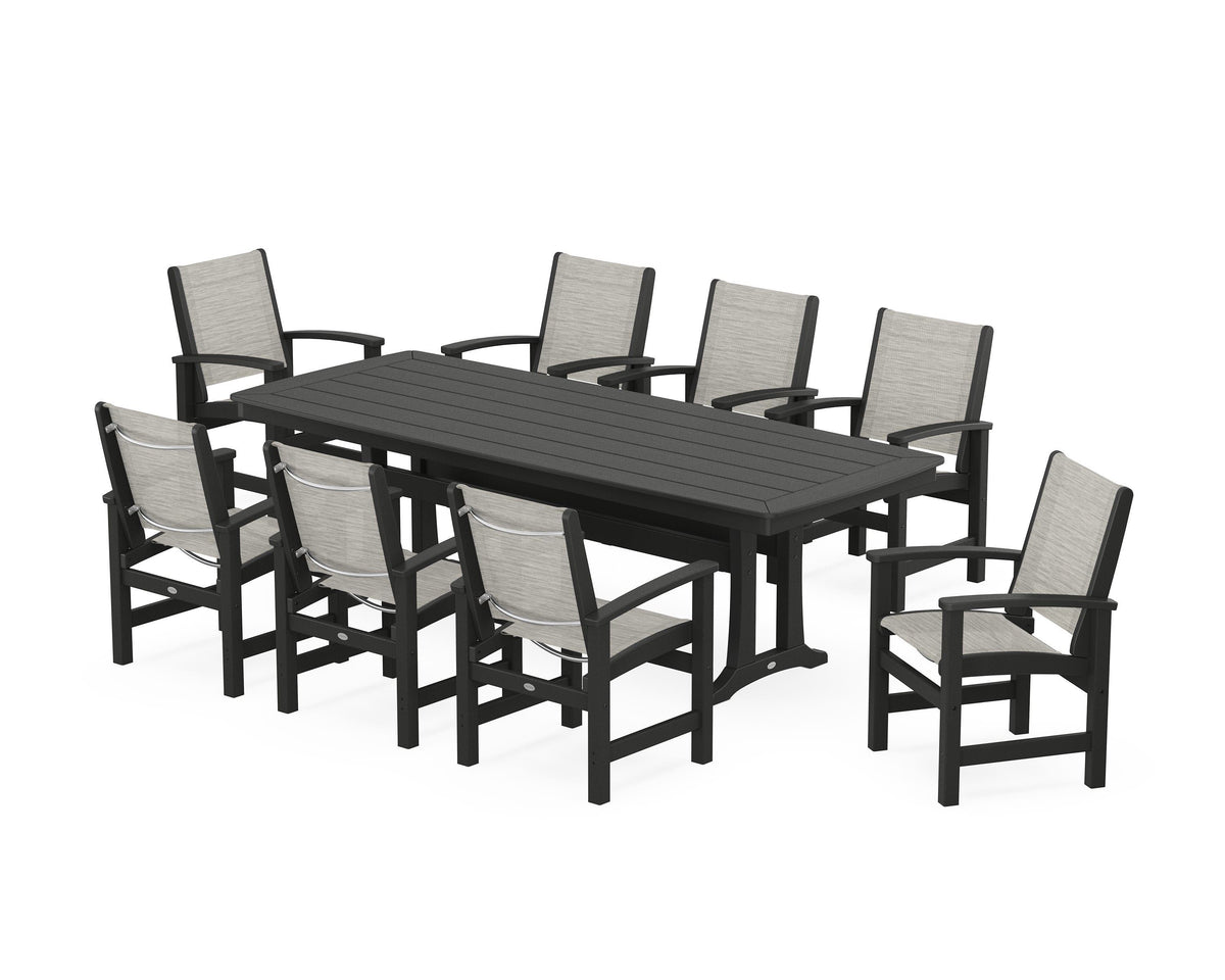 POLYWOOD Coastal 9-Piece Dining Set with Trestle Legs in Black / Birch