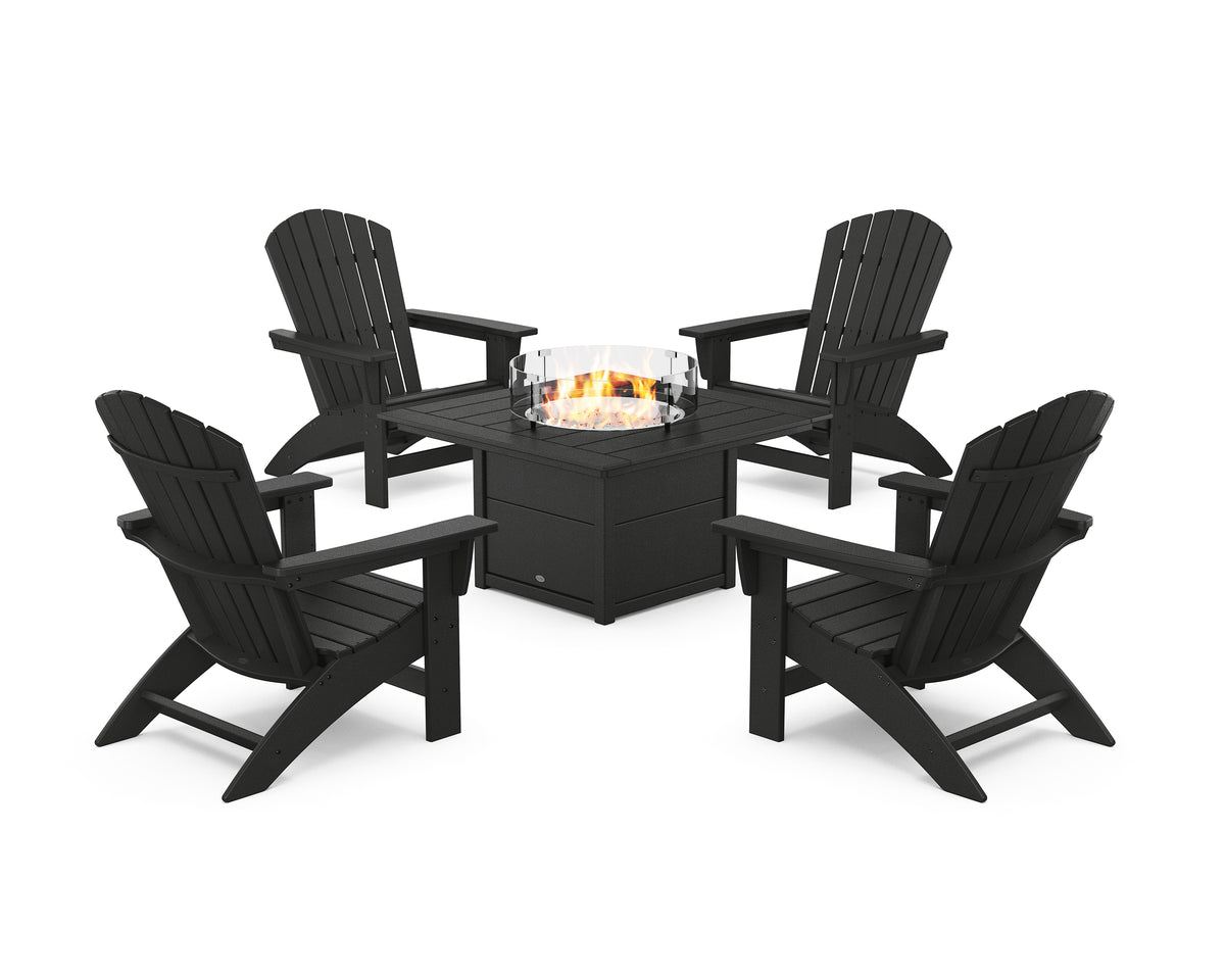 POLYWOOD 5-Piece Nautical Grand Adirondack Conversation Set with Fire Pit Table in Black
