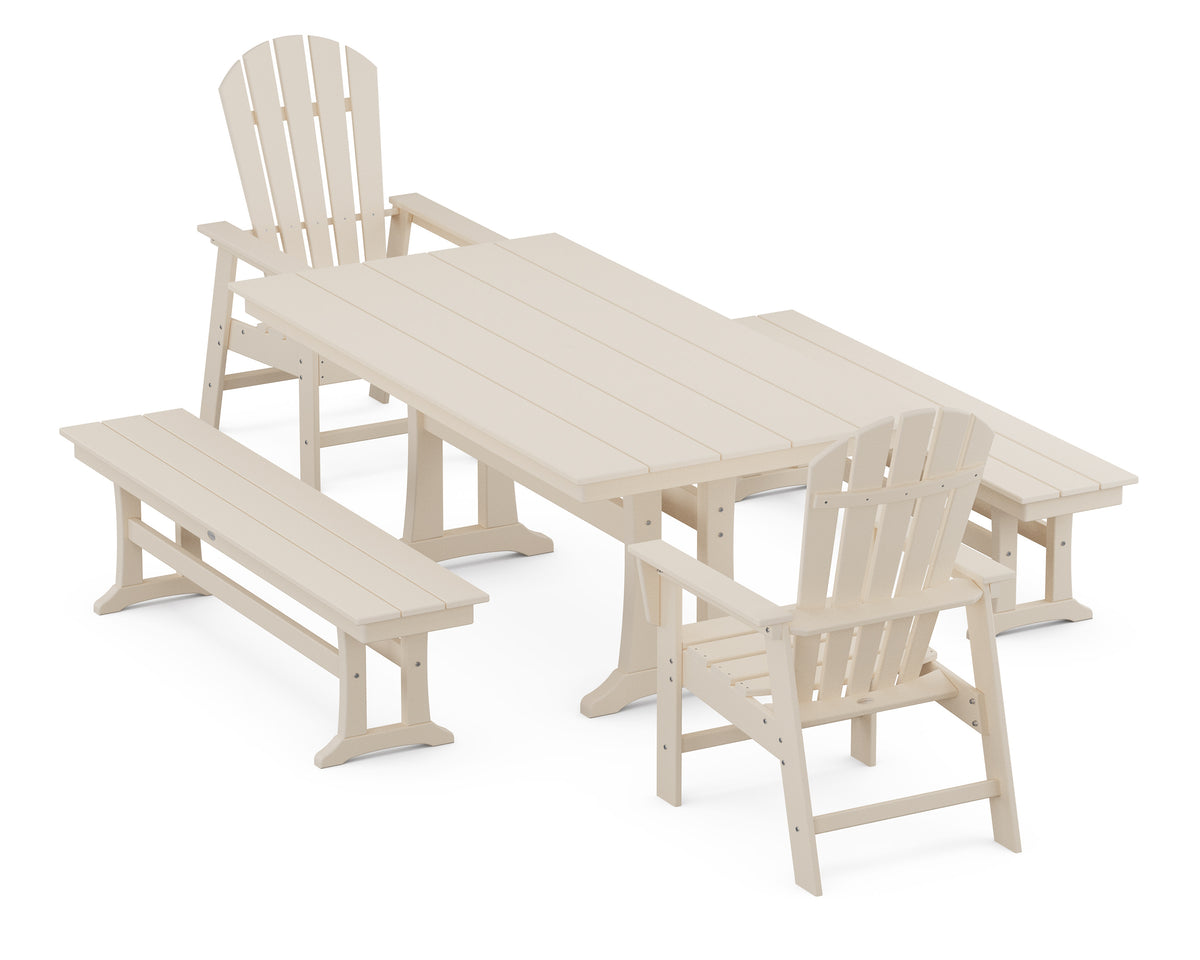 POLYWOOD South Beach 5-Piece Farmhouse Dining Set with Trestle Legs - 37" x 72" Table in Sand