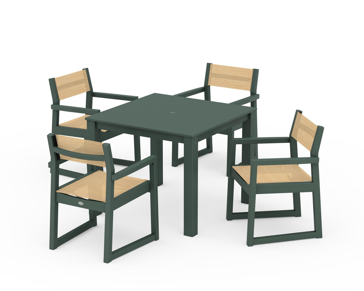 POLYWOOD EDGE Sling Arm Chair 5-Piece Parsons Dining Set in Green / Dupioni Apricot