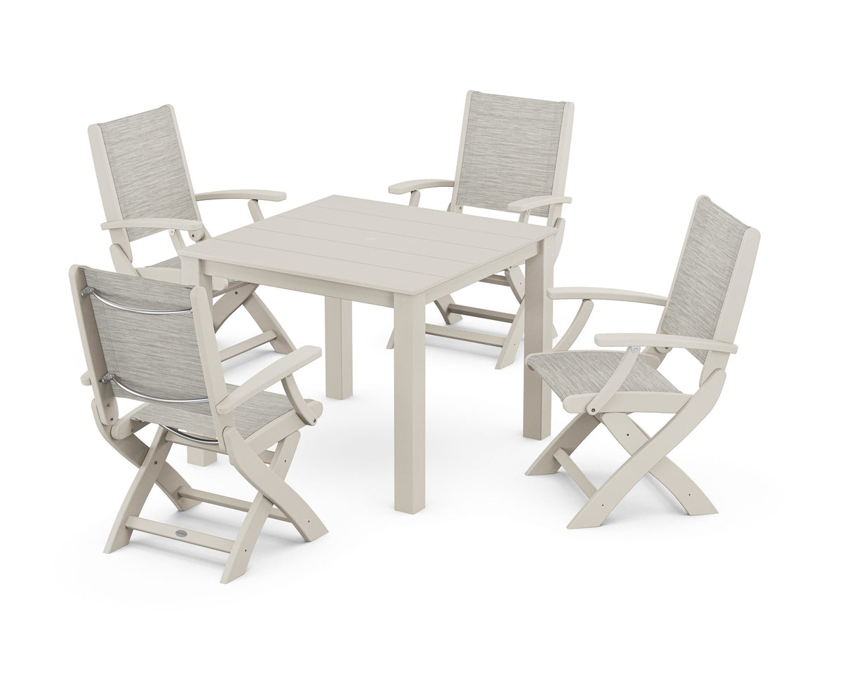 POLYWOOD Coastal Folding Chair 5-Piece Parsons Dining Set in Sand / Birch