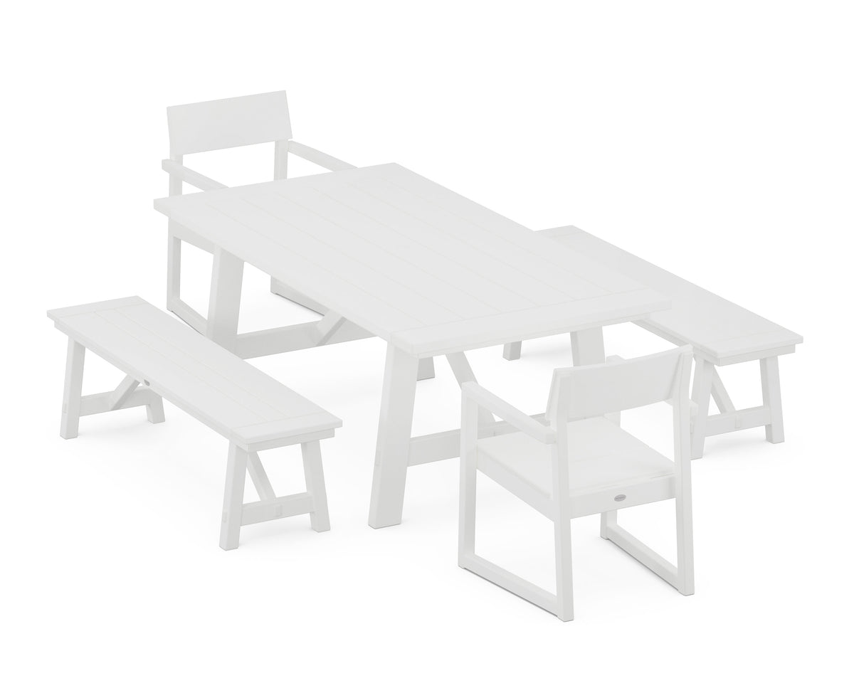 POLYWOOD EDGE 5-Piece Rustic Farmhouse Dining Set with Benches in White