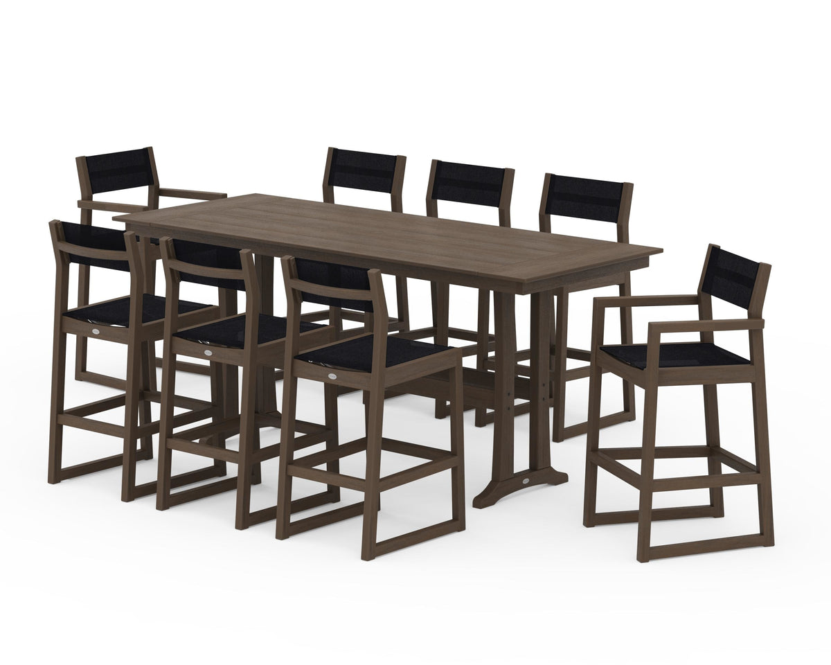 POLYWOOD EDGE Sling 9-Piece Farmhouse Bar Set with Trestle Legs in Kona / Black