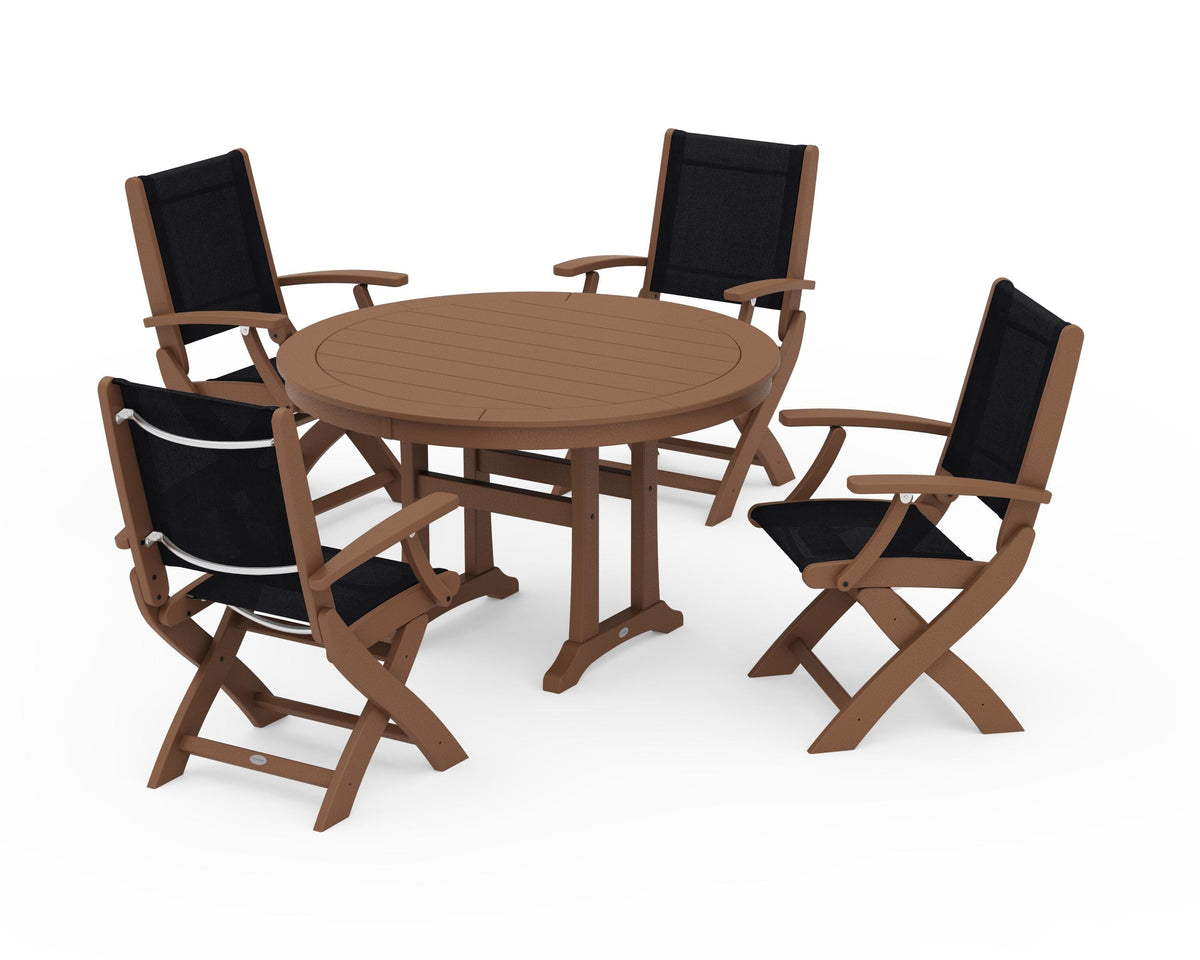 POLYWOOD Coastal Folding Chair 5-Piece Round Dining Set with Trestle Legs in Teak / Black